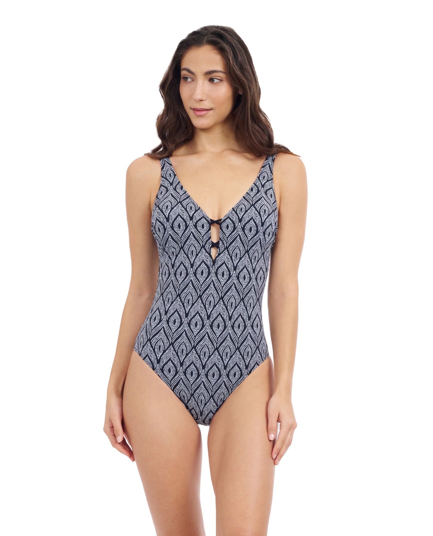 Front View Of Profile By Gottex Plume V Neck Deep Plunge One Piece Swimsuit | Profile Plume Black / White