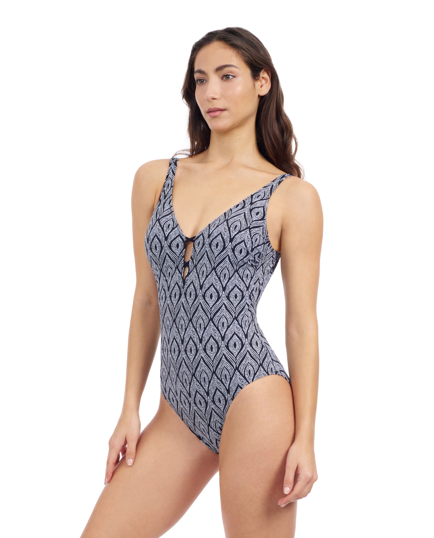 Side View Of Profile By Gottex Plume V Neck Deep Plunge One Piece Swimsuit | Profile Plume Black / White