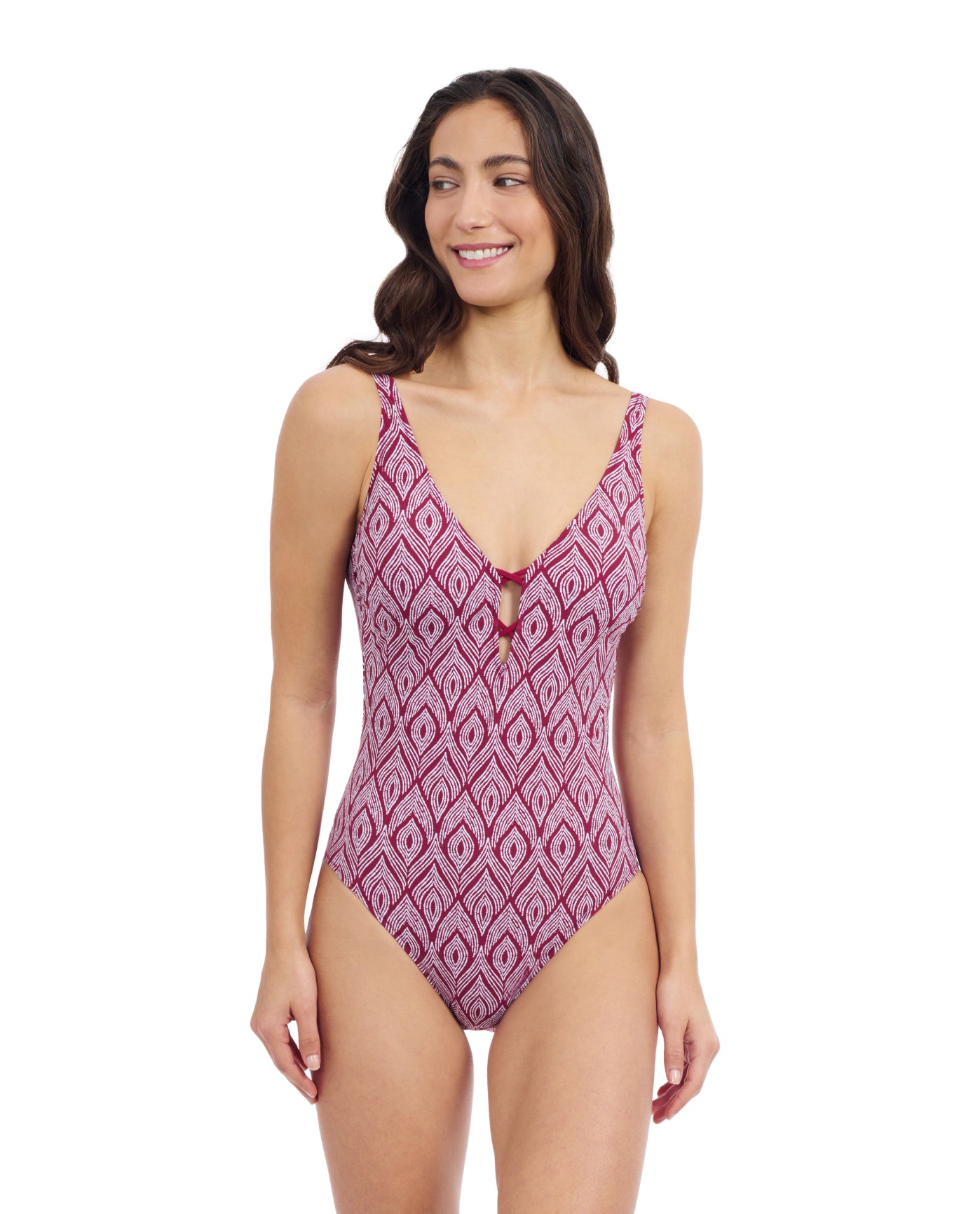 Front View Of Profile By Gottex Plume V Neck Deep Plunge One Piece Swimsuit | Profile Plume Brick / White