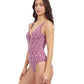 Side View Of Profile By Gottex Plume V Neck Deep Plunge One Piece Swimsuit | Profile Plume Brick / White