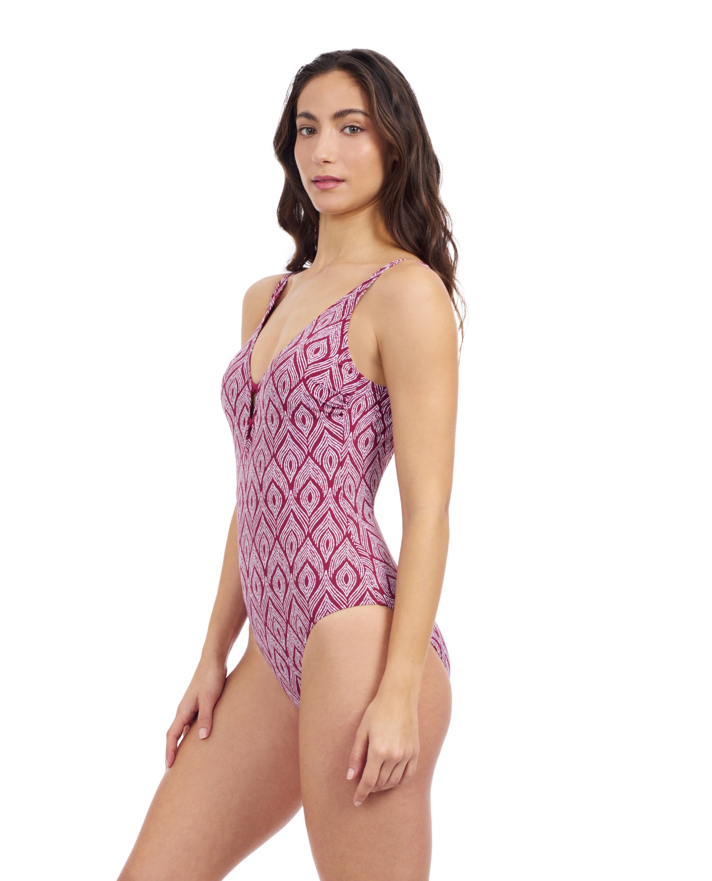 Side View Of Profile By Gottex Plume V Neck Deep Plunge One Piece Swimsuit | Profile Plume Brick / White