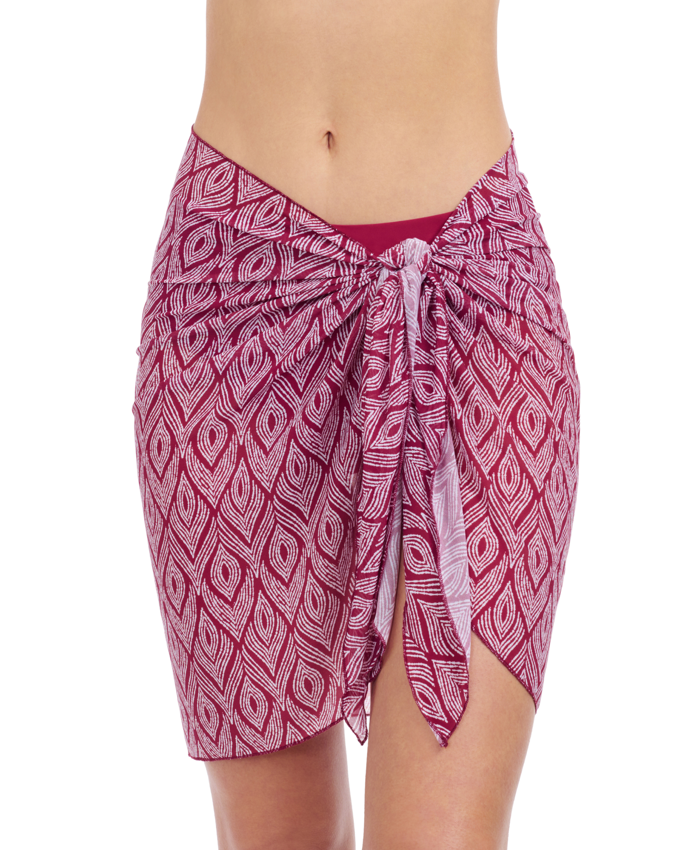 Front View Of Profile By Gottex Plume Sarong Wrap Cover Up Skirt | Profile Plume Brick / White