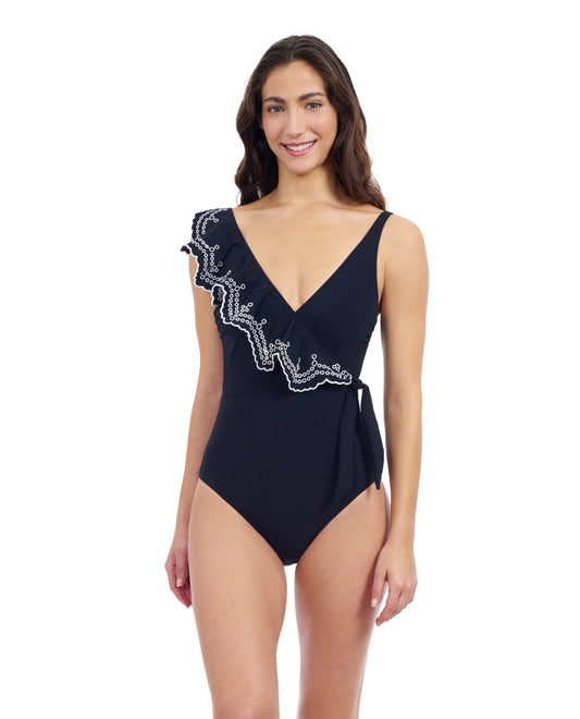 Front View Of Profile By Gottex Lola Lazer Asymmetrical Ruffle Surplice One Piece Swimsuit | Profile Bachata Black