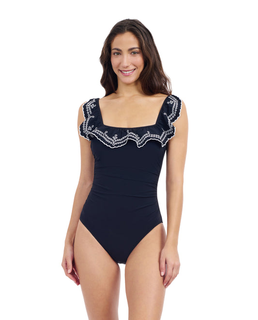 Front View Of Profile By Gottex Lola Lazer Square Neck Laser Ruffle One Piece Swimsuit | Profile Bachata Black