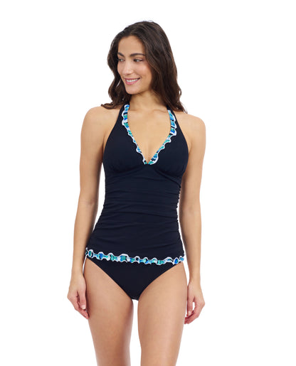 Front View Of Profile By Gottex Bachata V Neck Halter Tankini | Profile Bachata Black