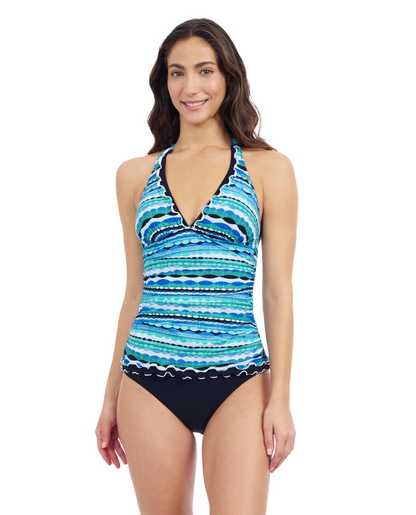 Front View Of Profile By Gottex Bachata V Neck Halter Tankini | Profile Karma Blue Multi