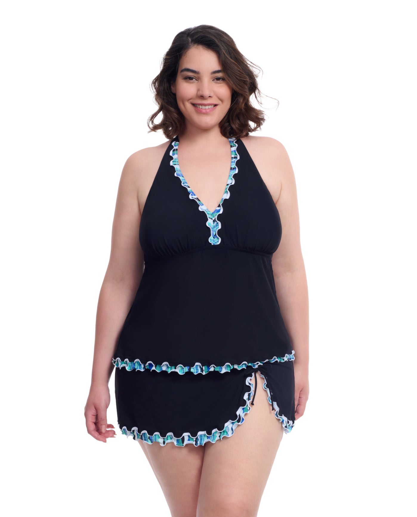 Front View Of Profile By Gottex Bachata Plus Size V Neck Halter Tankini | Profile Bachata Black