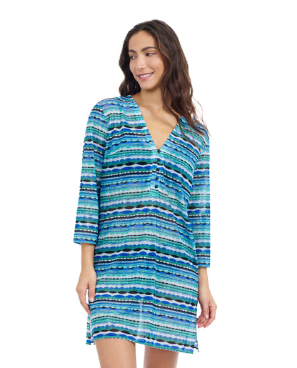 Front View Of Profile By Gottex Bachata Tunic Cover Up Dress | Profile Karma Blue Multi