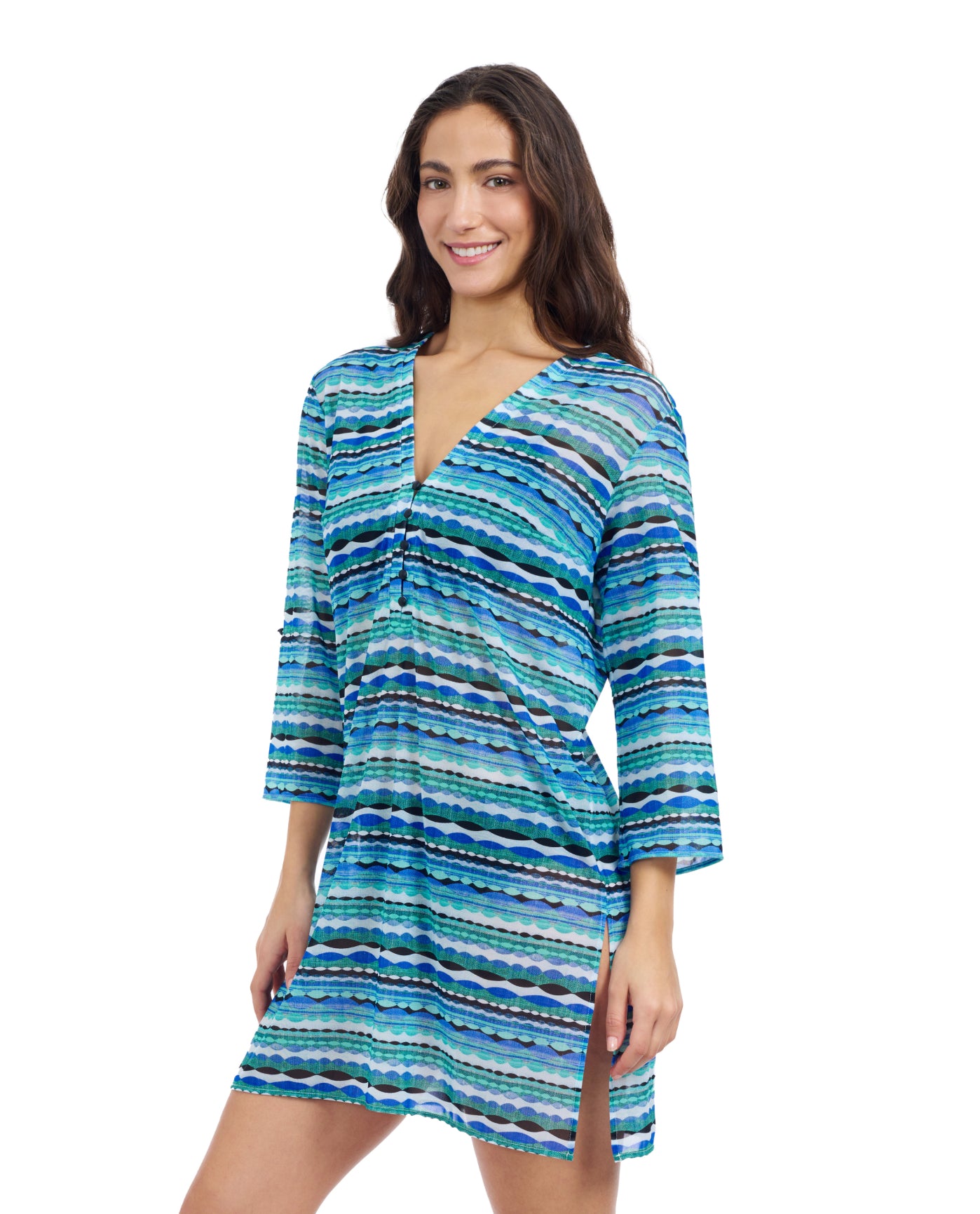 Side View Of Profile By Gottex Bachata Tunic Cover Up Dress | Profile Karma Blue Multi