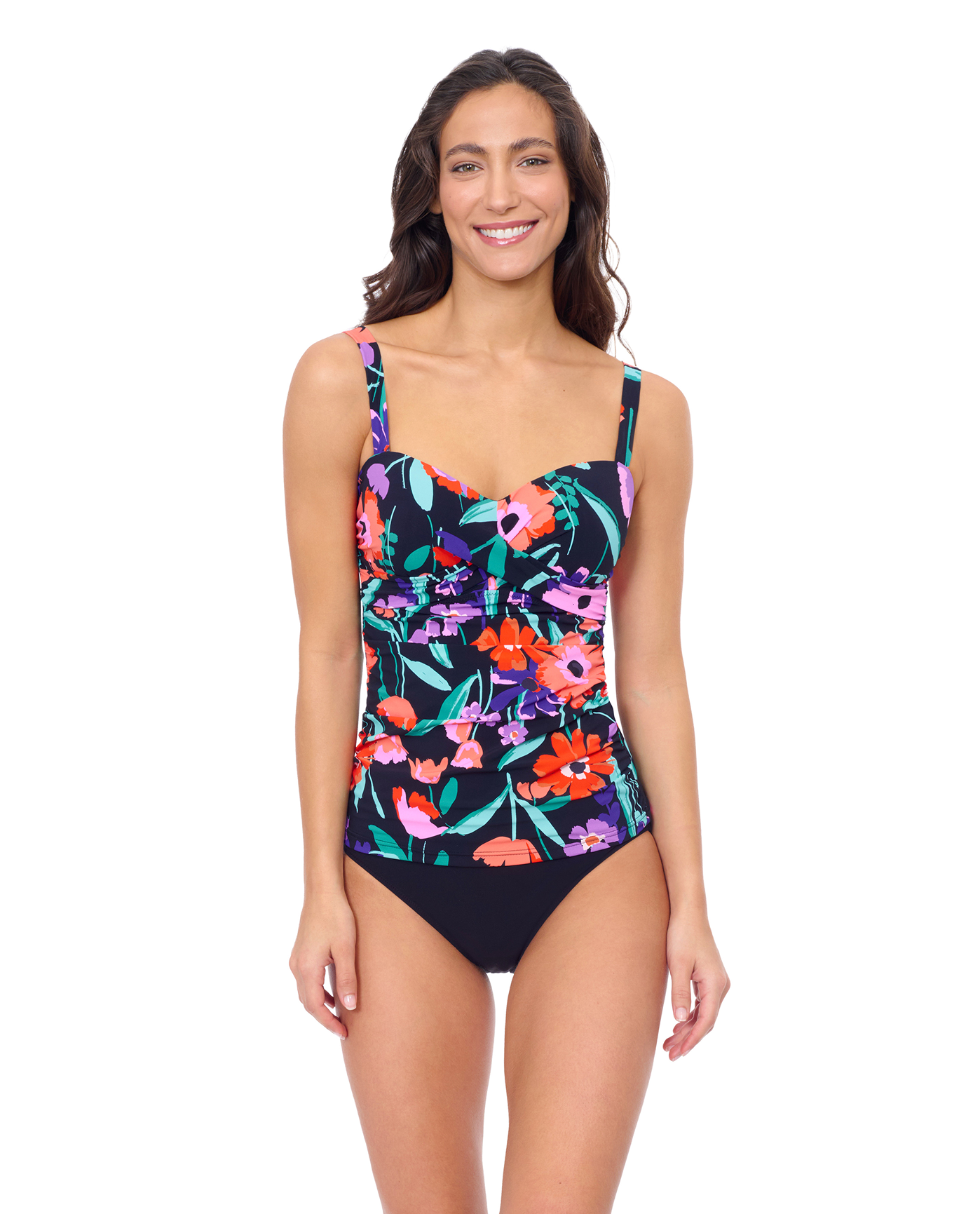 Front View Of Profile by Gottex Marguerite D Cup Crisscross Detail Tankini | Profile Marguerite Black Multi