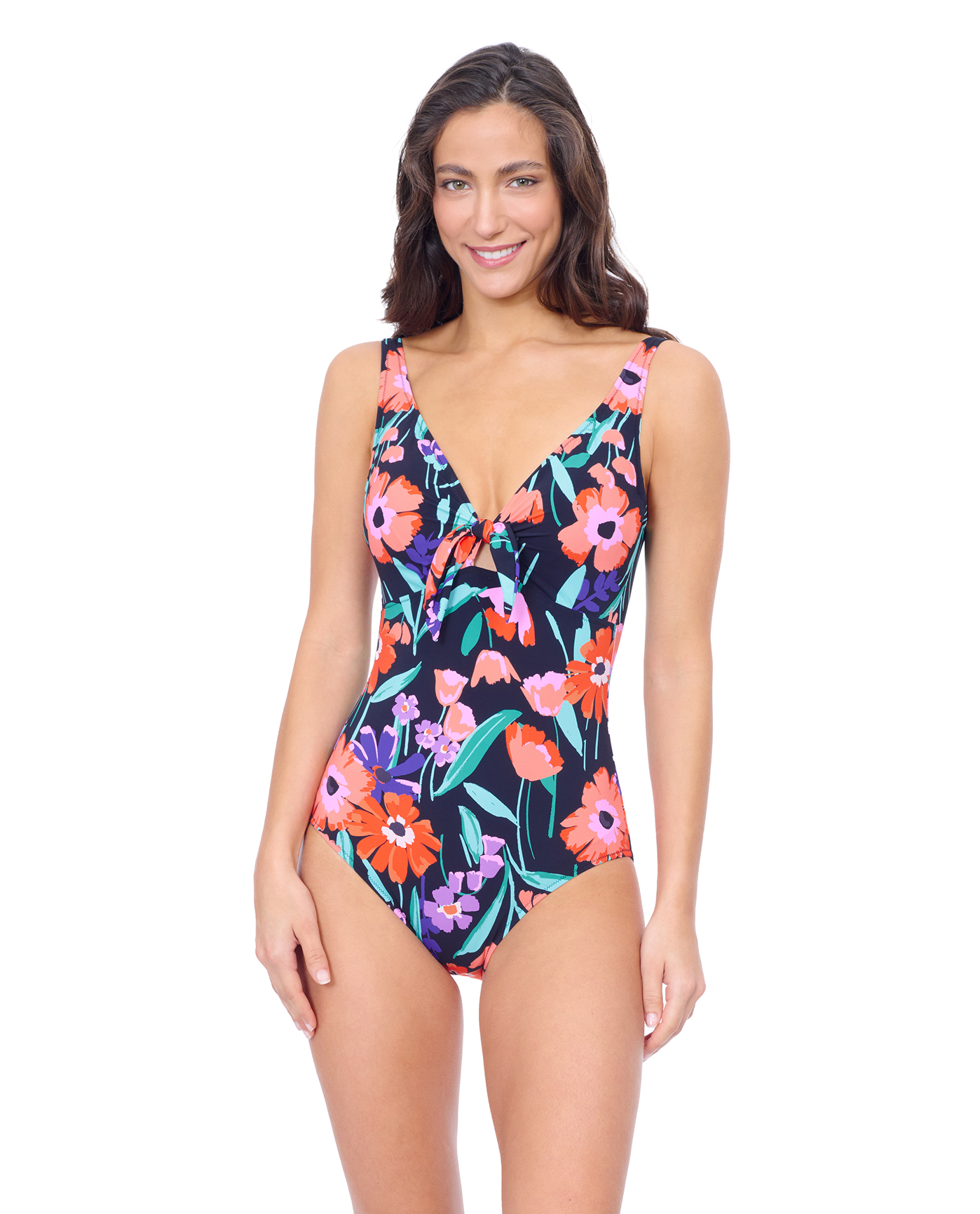 Front View Of Profile by Gottex Marguerite V Neck Underwire One-Piece Swimsuit | Profile Marguerite Black Multi