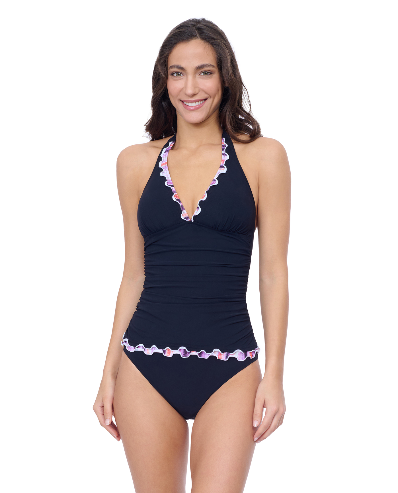 Front View Of Profile by Gottex Riga Tricolore Halter Tankini | Profile Riga Purple Multi