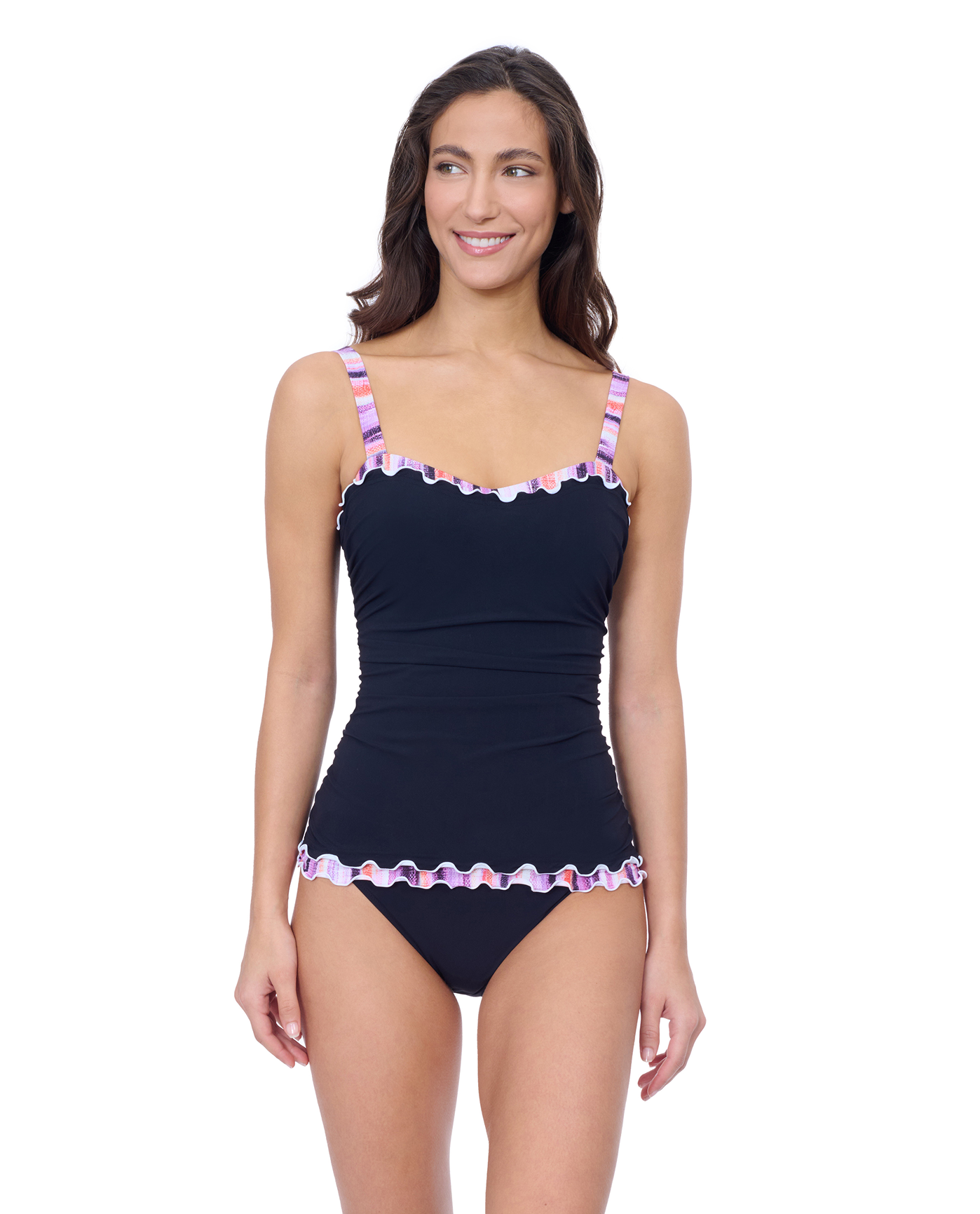 Front View Of Profile by Gottex Riga D Cup Center Ruched Tankini | Profile Riga Purple Multi