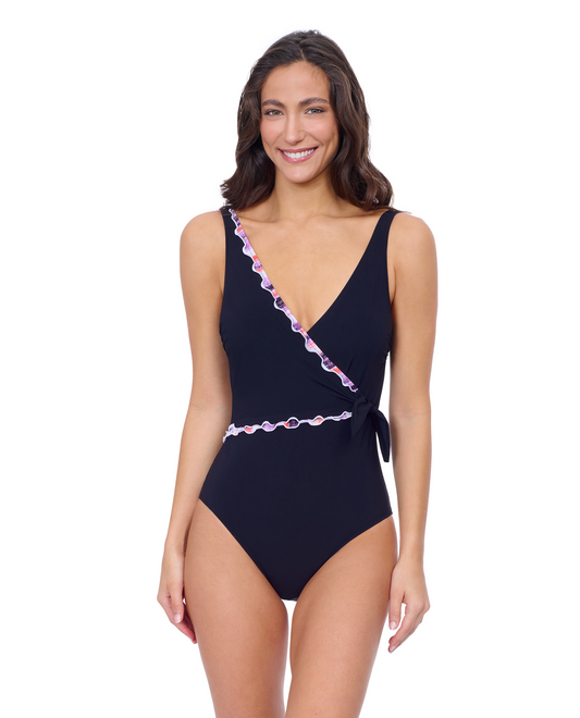 Front View Of Profile by Gottex Riga Tricolore V Neck Surplice One Piece | Gottex Mirage Black