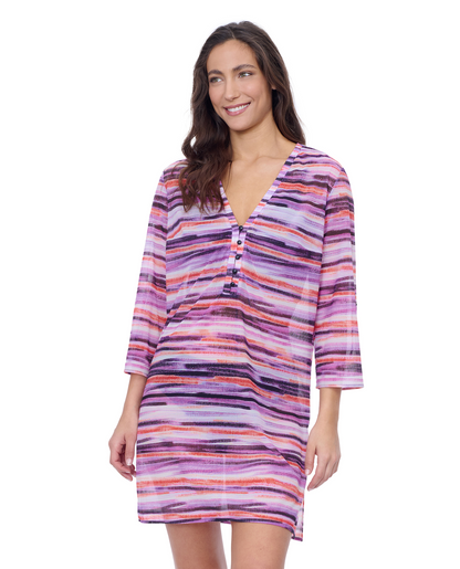 Front View Of Profile by Gottex Riga V Neck Mesh Cover-Up Dress | Profile Riga Purple Multi