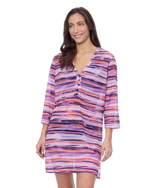 Front View Of Profile by Gottex Riga V Neck Mesh Cover-Up Dress | Profile Riga Purple Multi