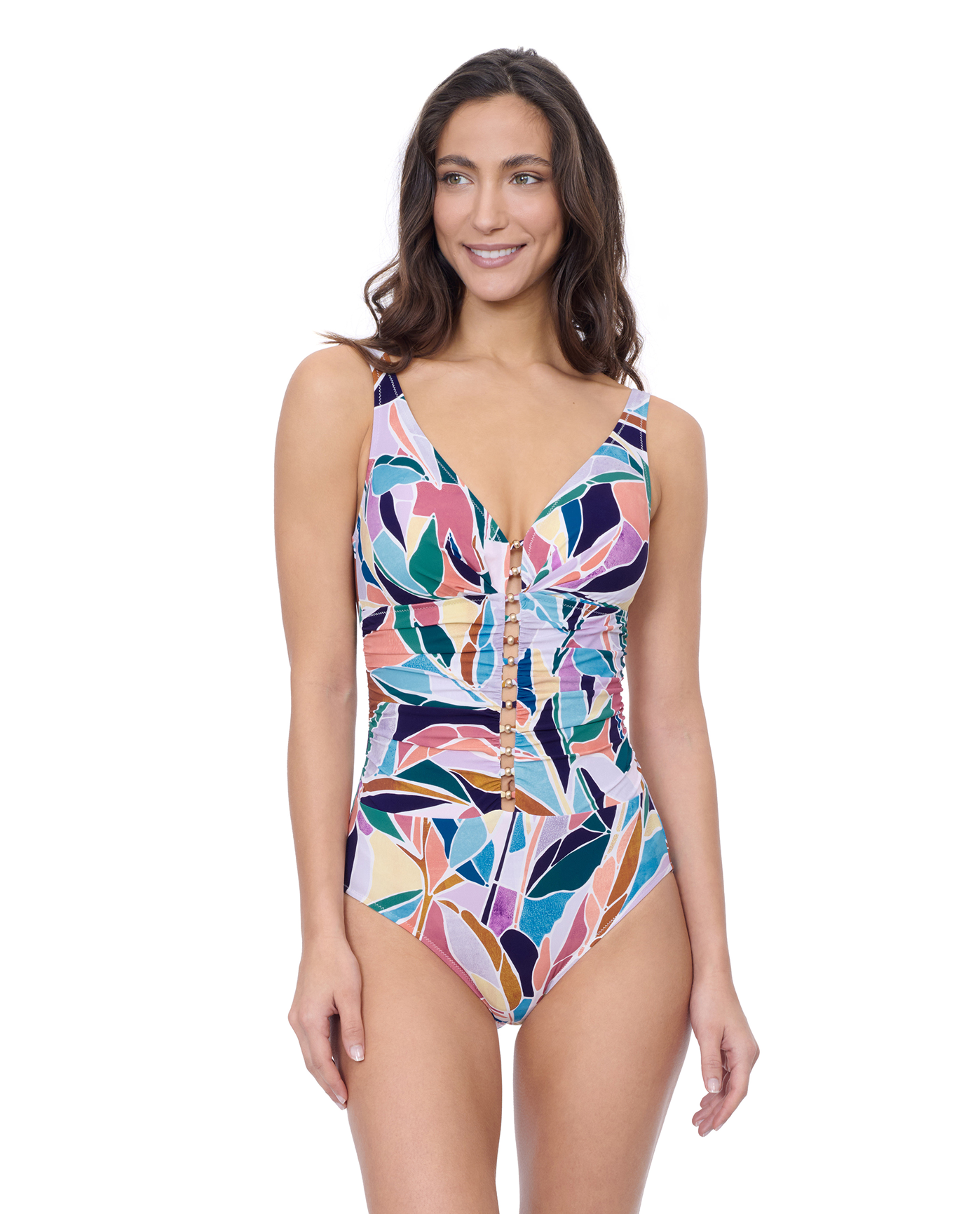 Front View Of Profile by Gottex Aura D Cup V Neck One Piece with Beaded Ladder Detail | Profile Aura Multi