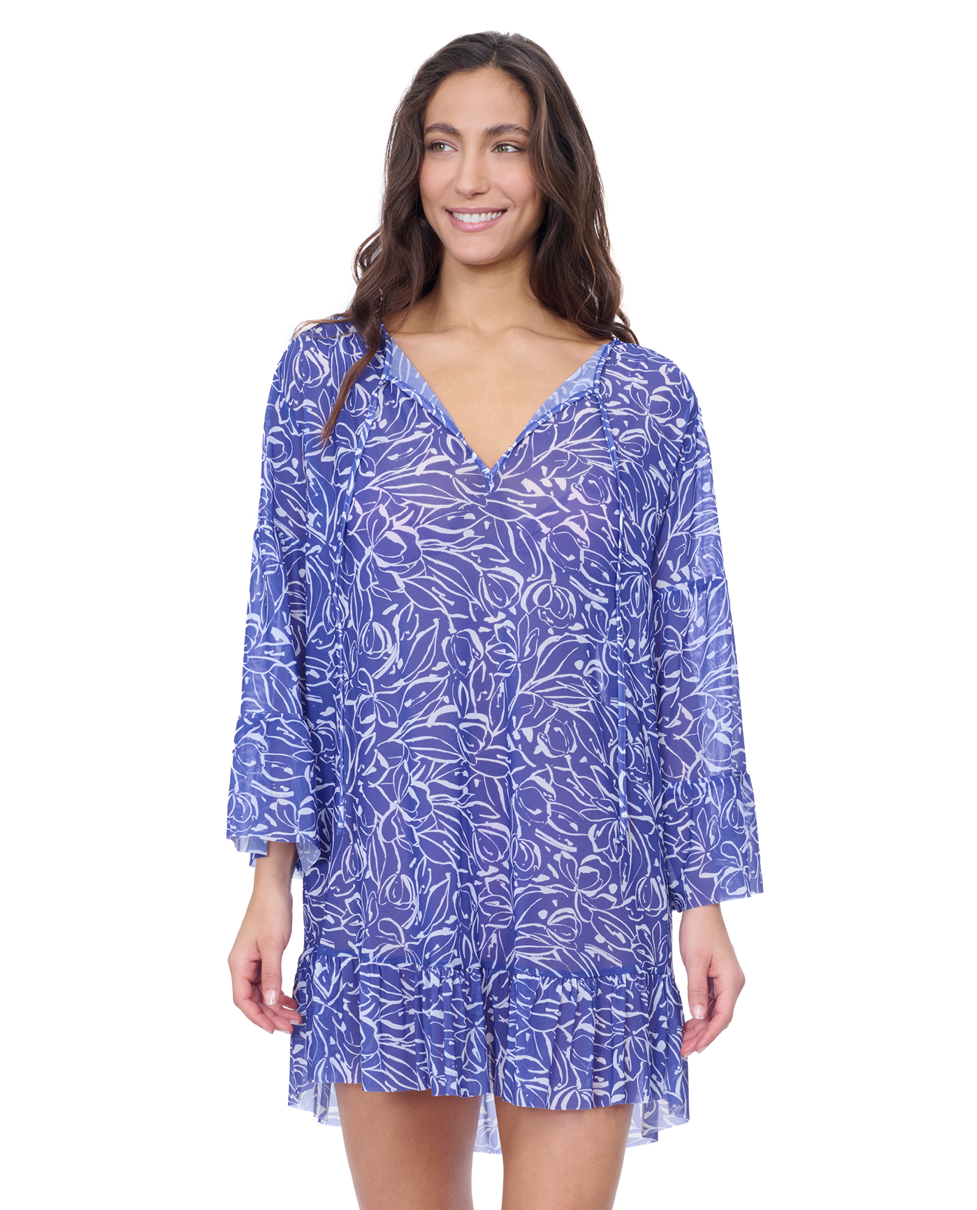 Front View Of Profile by Gottex Tulip Mesh Tunic with Flounce Coverup | Profile Tulip Royal