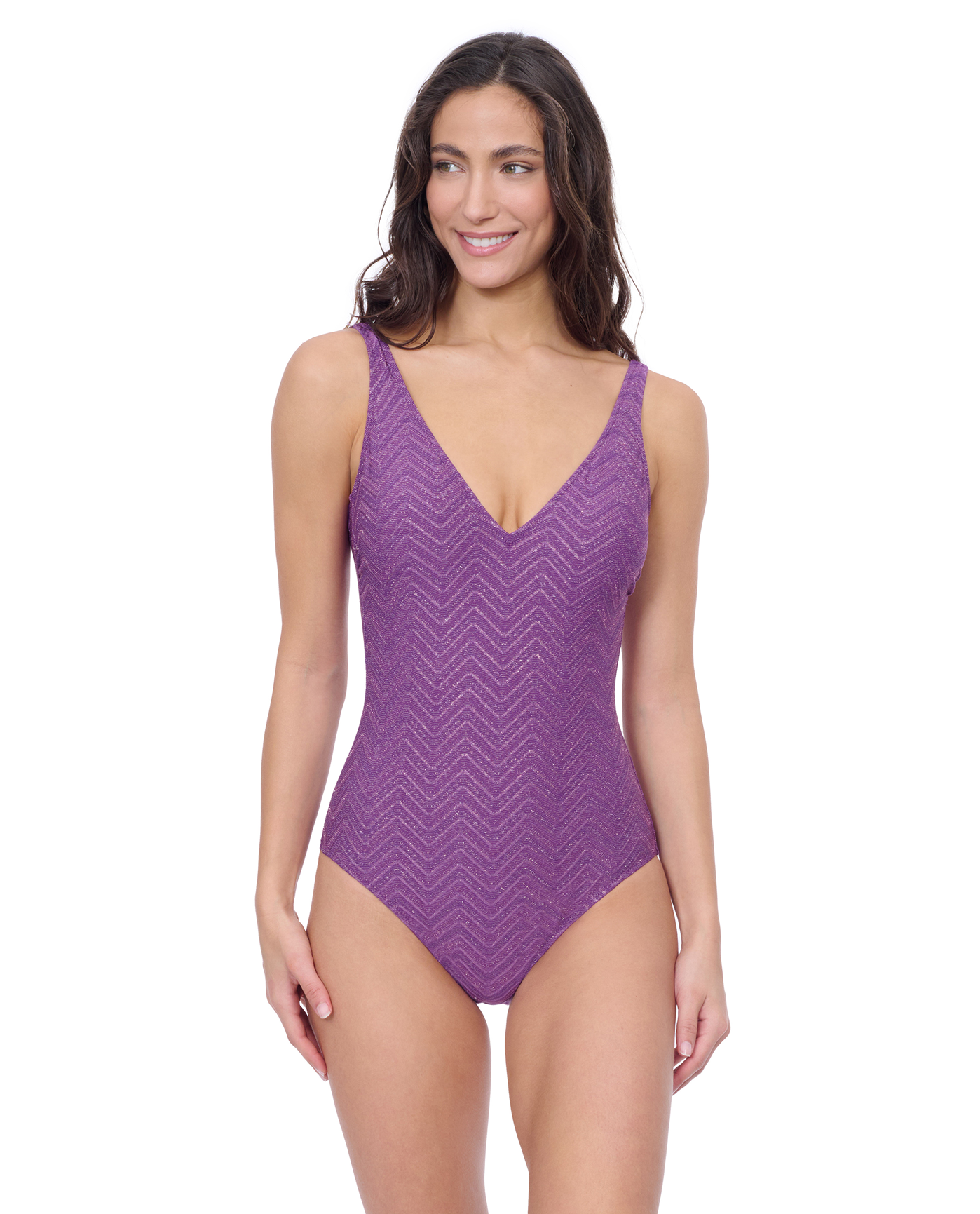 Front View Of Profile by Gottex Blend V Neck Texture One Piece | Profile Blend Purple