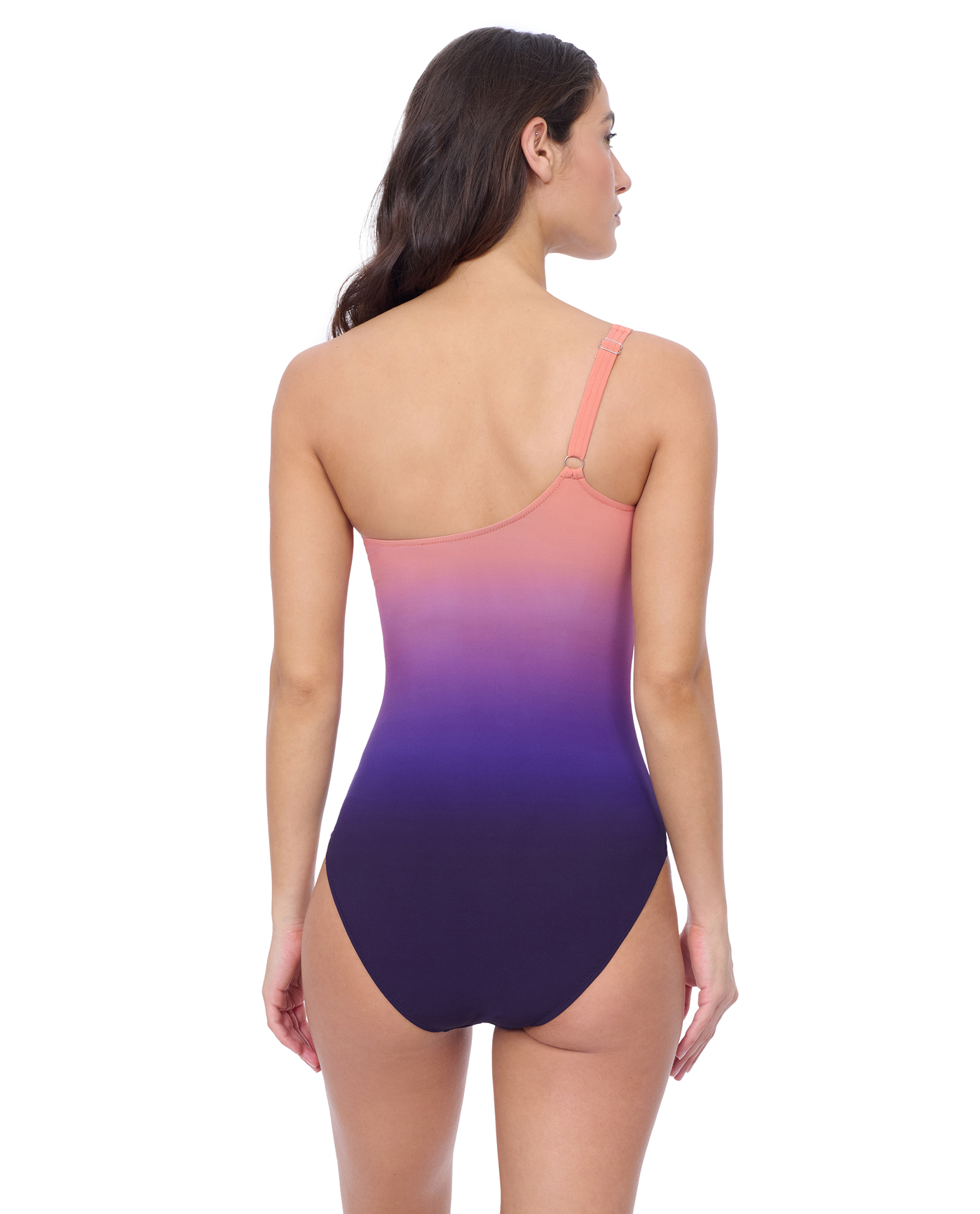 Back View Of Profile by Gottex Splendor Ombre One Shoulder One Piece | Profile Riga Purple Multi