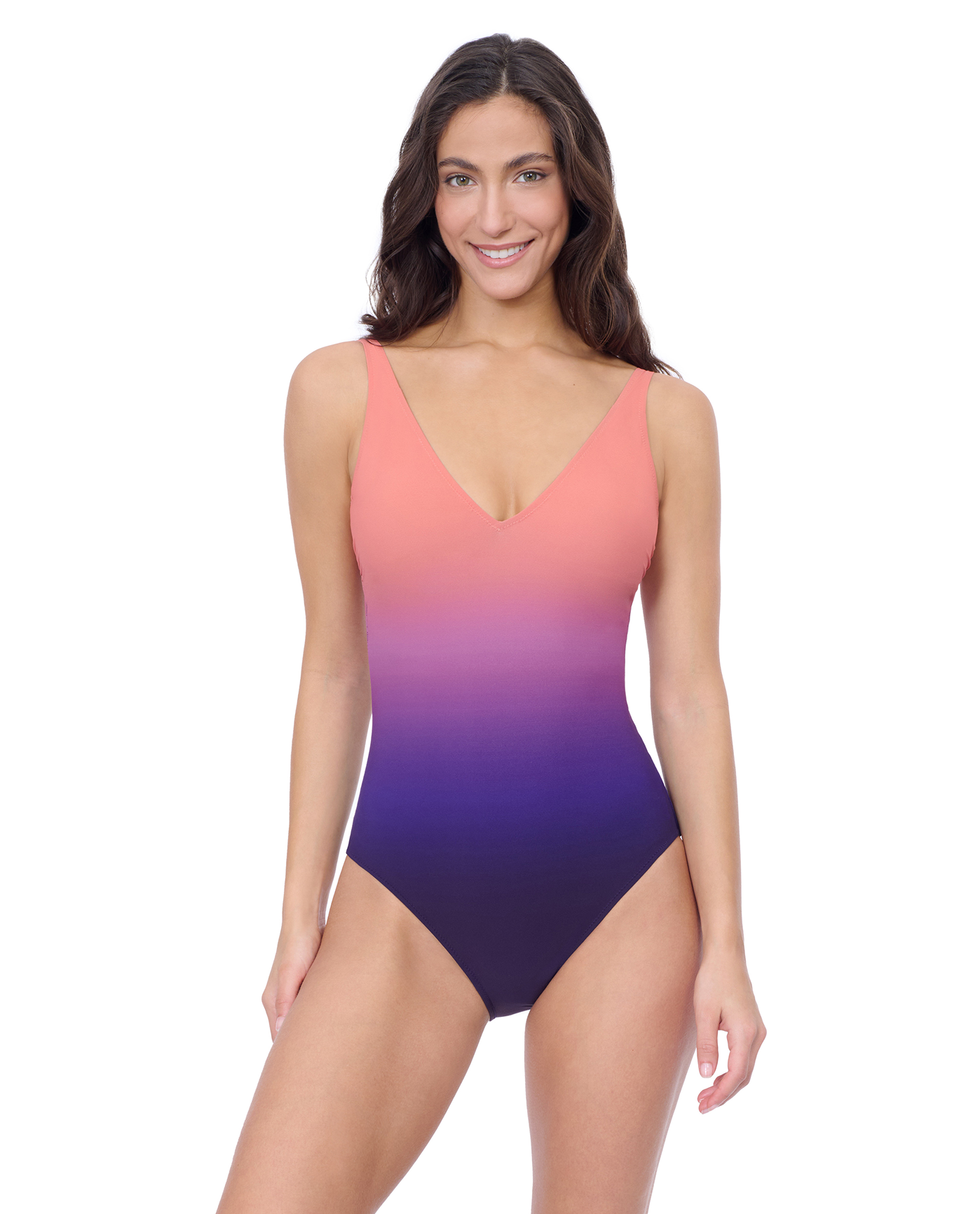 Front View Of Profile by Gottex Splendor Ombre V Neck  One Piece | Profile Riga Purple Multi