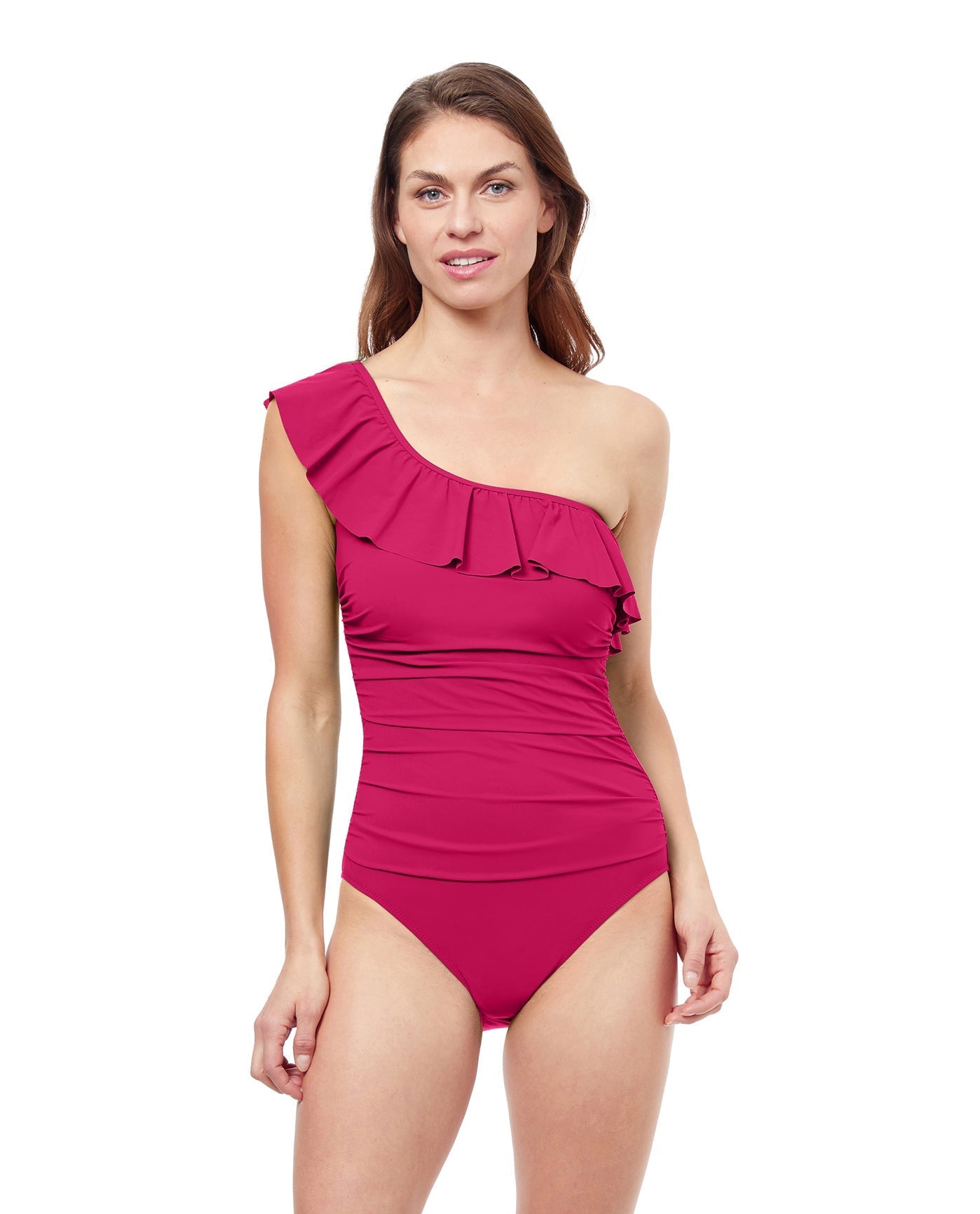 Front View Of Profile By Gottex Tutti Frutti Ruffle One Shoulder One Piece Swimsuit | PROFILE TUTTI FRUTTI CHERRY