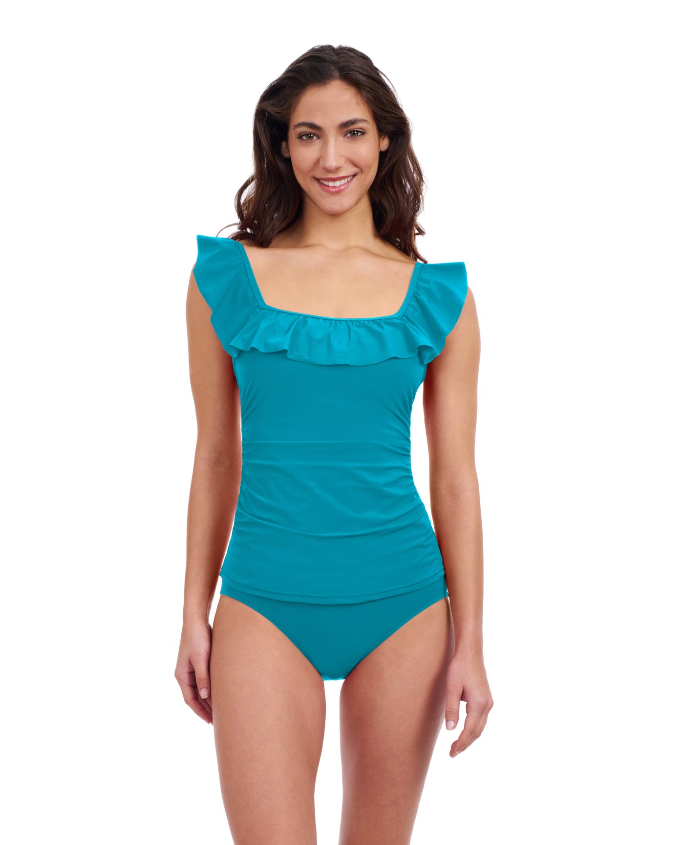 Front View Of Profile By Gottex Tutti Frutti Square Neck Ruffle Tankini Top | Profile Tutti Frutti Jade