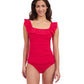 Front View Of Profile By Gottex Tutti Frutti Square Neck Ruffle Tankini Top | Profile Tutti Frutti Rose Red