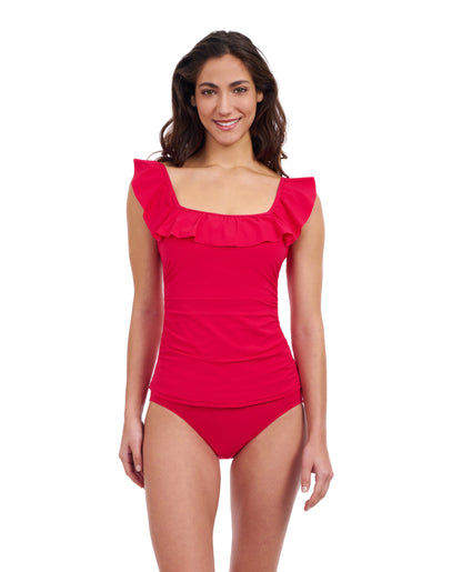 Front View Of Profile By Gottex Tutti Frutti Square Neck Ruffle Tankini Top | Profile Tutti Frutti Rose Red