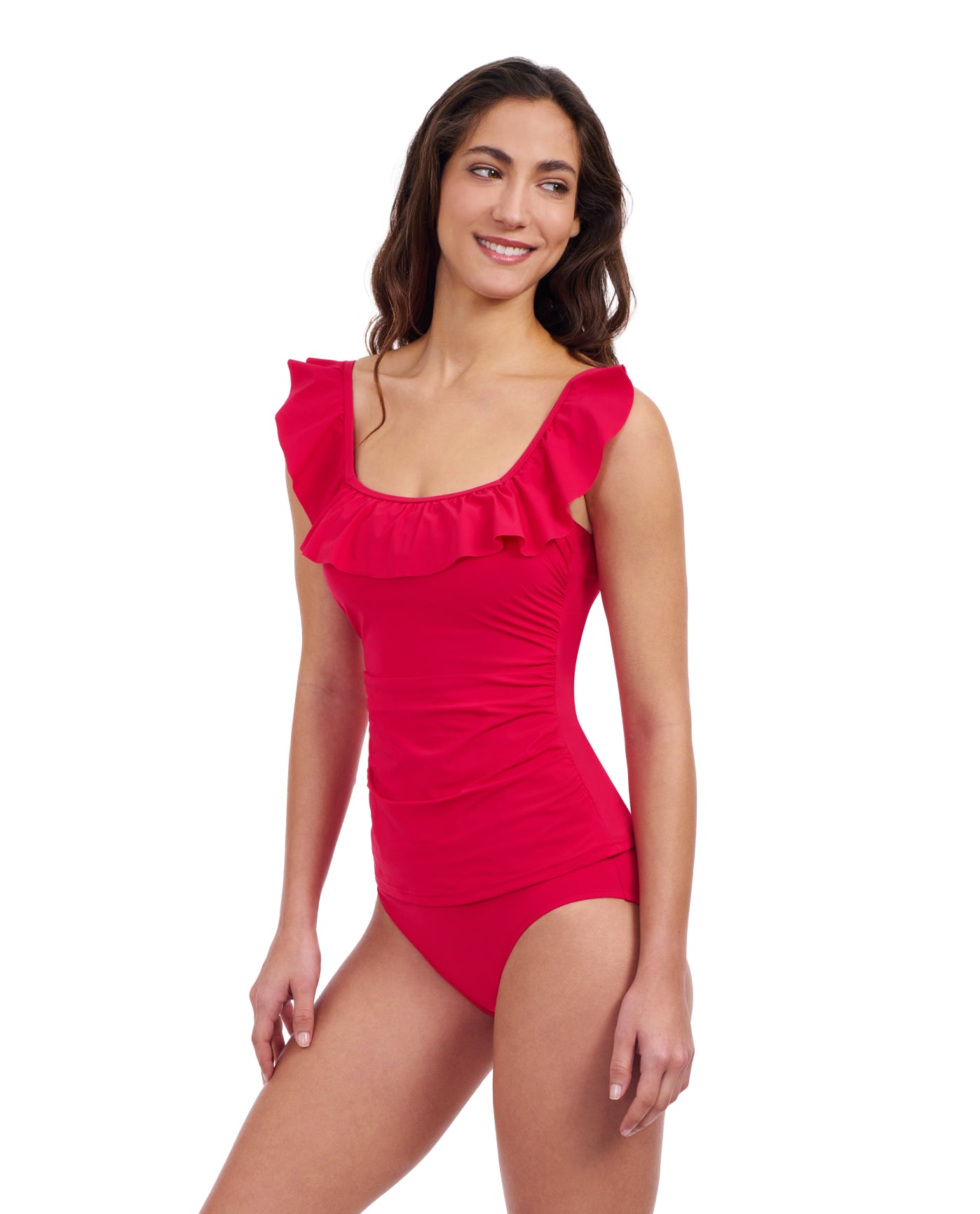 Side View Of Profile By Gottex Tutti Frutti Square Neck Ruffle Tankini Top | Profile Tutti Frutti Rose Red