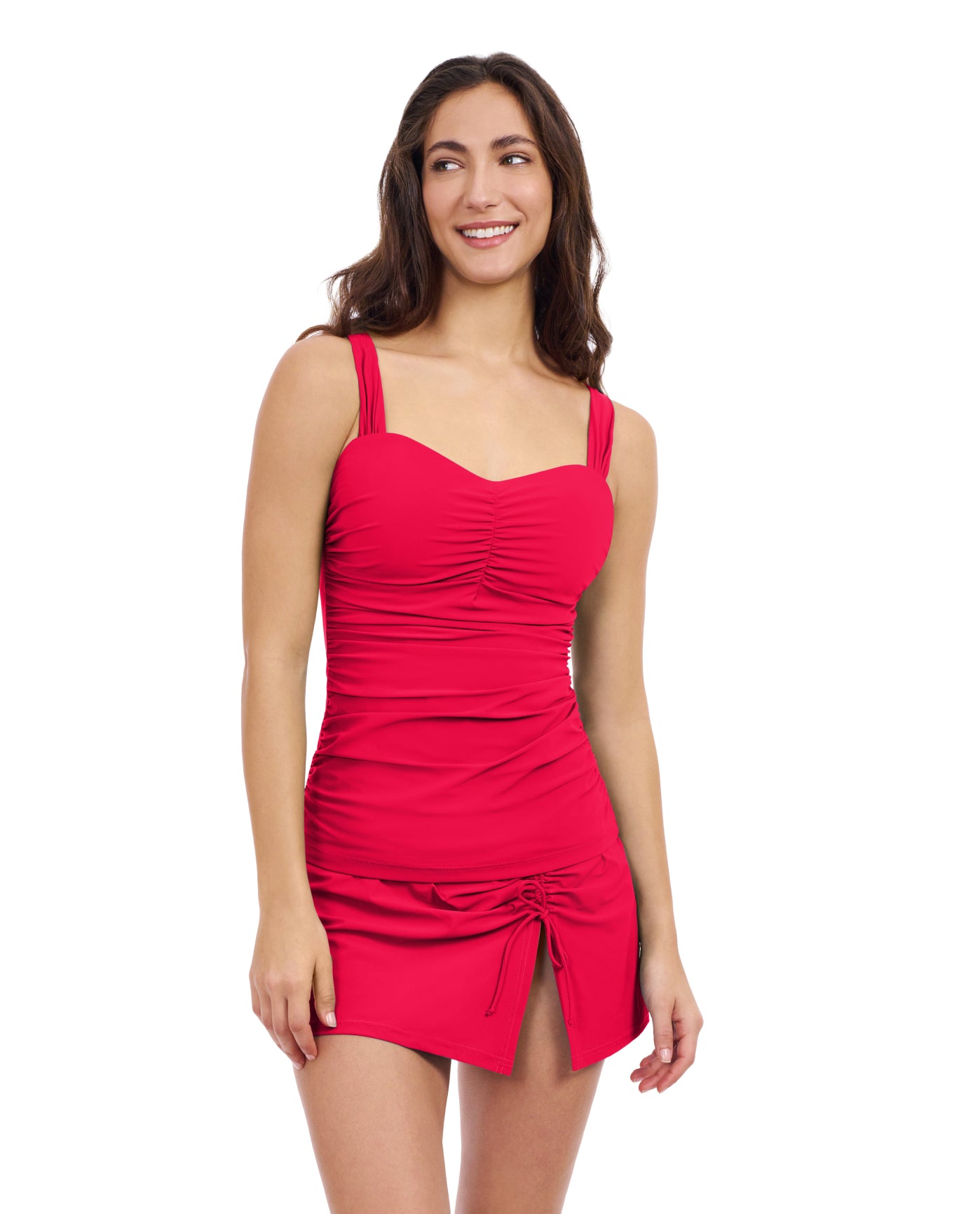 Front View Of Profile By Gottex Tutti Frutti D-Cup Scoop Neck Shirred Underwire Tankini Top | Profile Tutti Frutti Rose Red