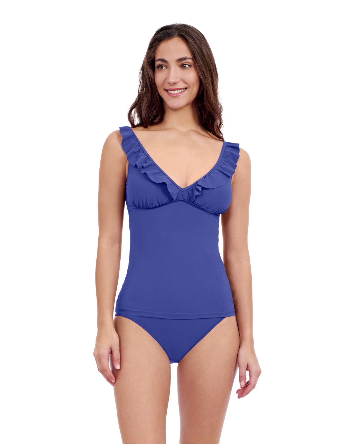 Front View Of Profile By Gottex Tutti Frutti D-Cup V-Neck Frill Tankini Top | Profile Tutti Frutti Royal