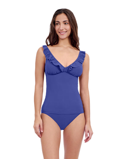 Front View Of Profile By Gottex Tutti Frutti D-Cup V-Neck Frill Tankini Top | Profile Tutti Frutti Royal