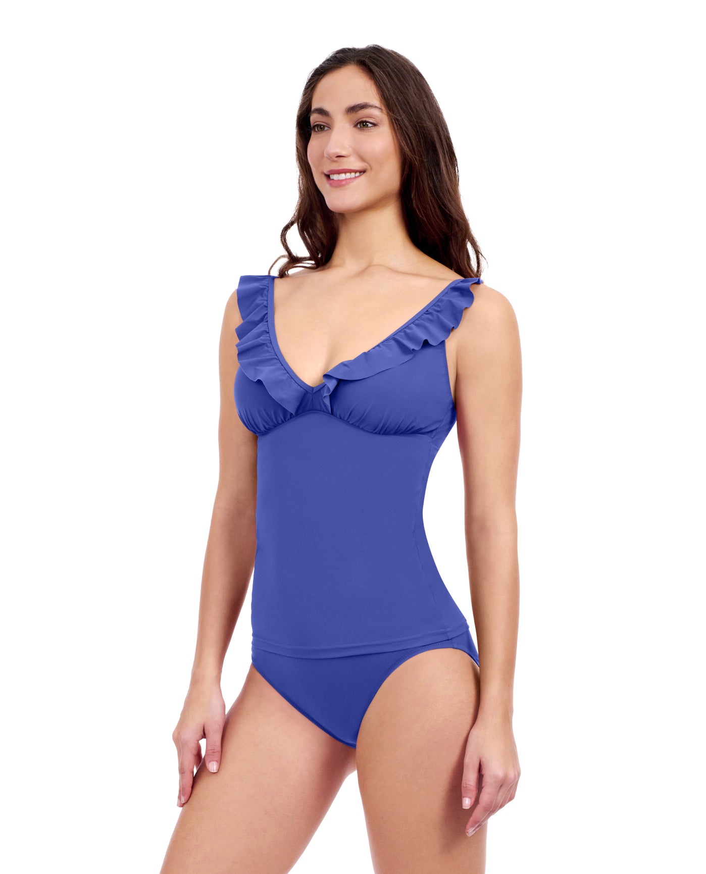 Side View Of Profile By Gottex Tutti Frutti D-Cup V-Neck Frill Tankini Top | Profile Tutti Frutti Royal