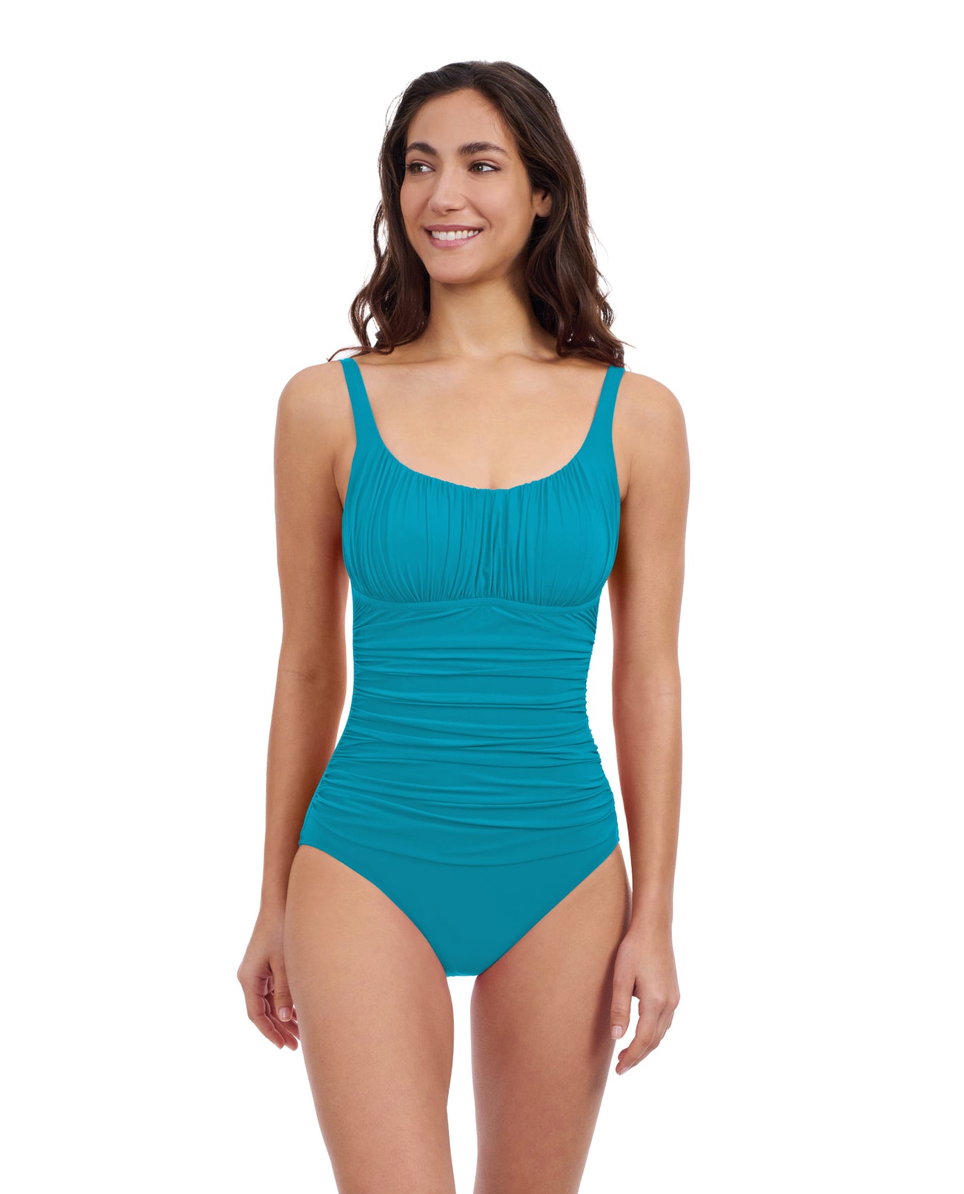 Front View Of Profile By Gottex Tutti Frutti Shirred Peasant One Piece Swimsuit | Profile Tutti Frutti Jade