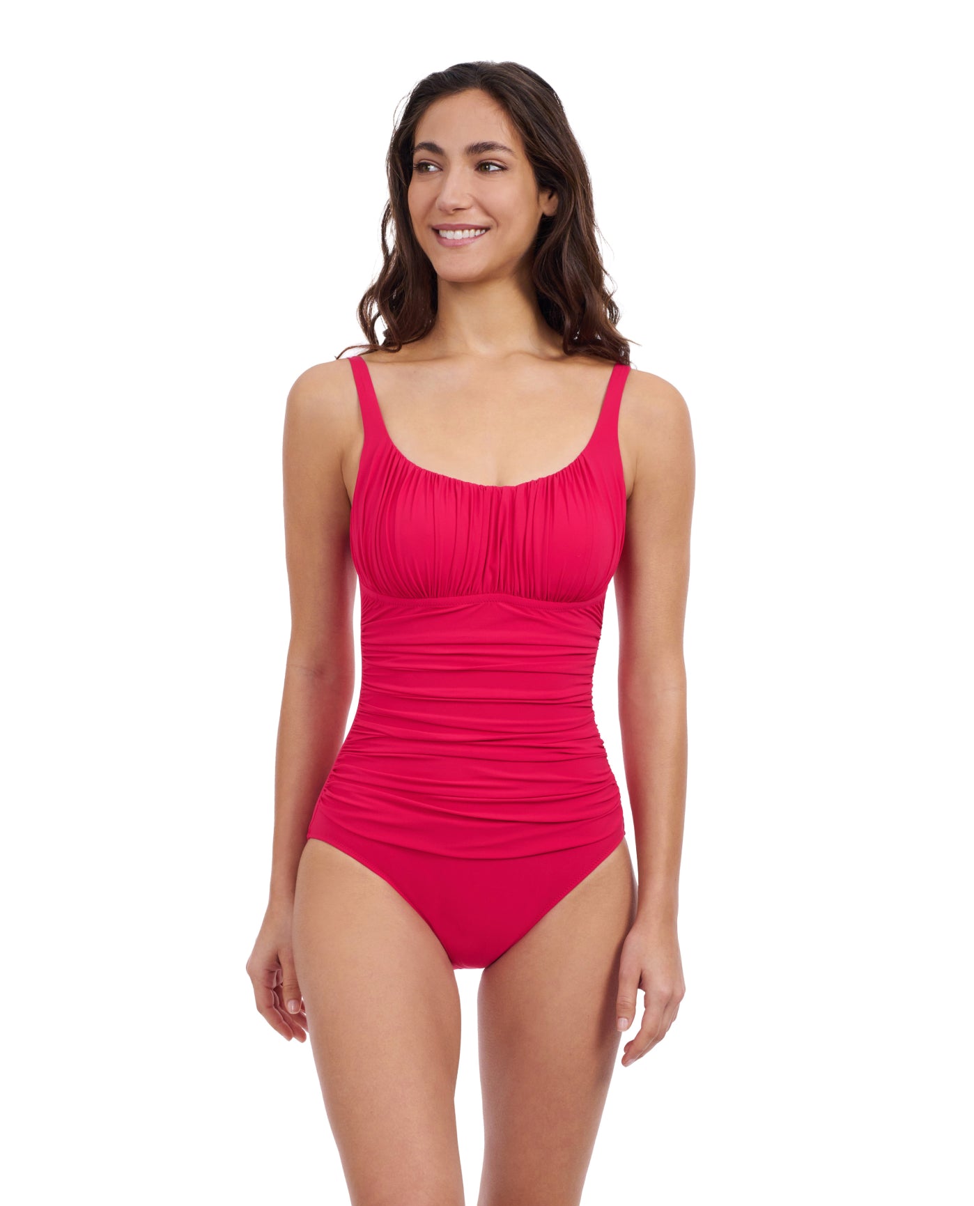 Front View Of Profile By Gottex Tutti Frutti Shirred Peasant One Piece Swimsuit | Profile Tutti Frutti Rose Red