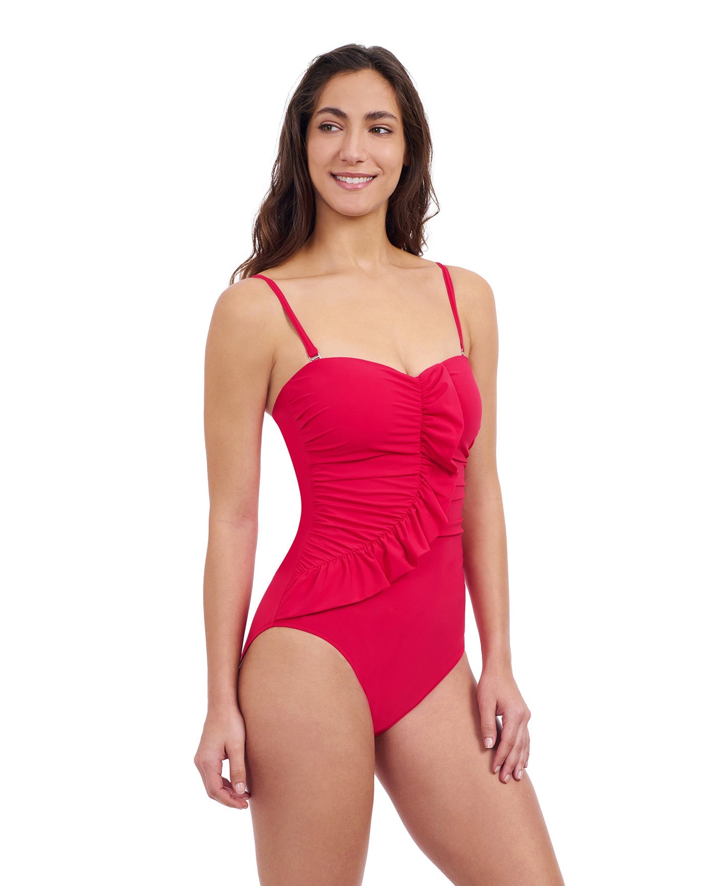 Side View of Profile By Gottex Tutti Frutti Bandeau Ruffle One Piece Swimsuit | PROFILE TUTTI FRUTTI ROSE RED