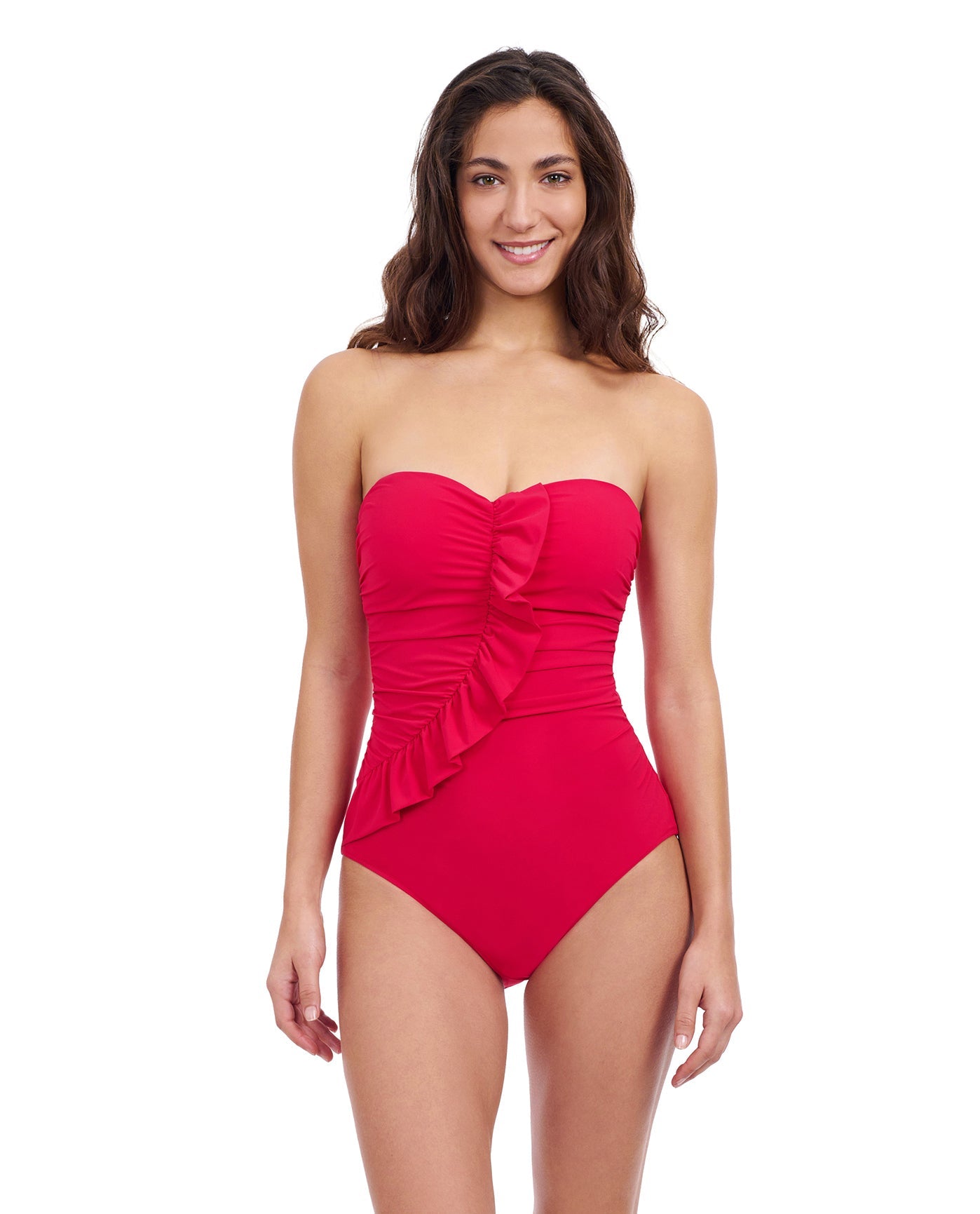 Front View of Profile By Gottex Tutti Frutti Bandeau Ruffle One Piece Swimsuit | PROFILE TUTTI FRUTTI ROSE RED