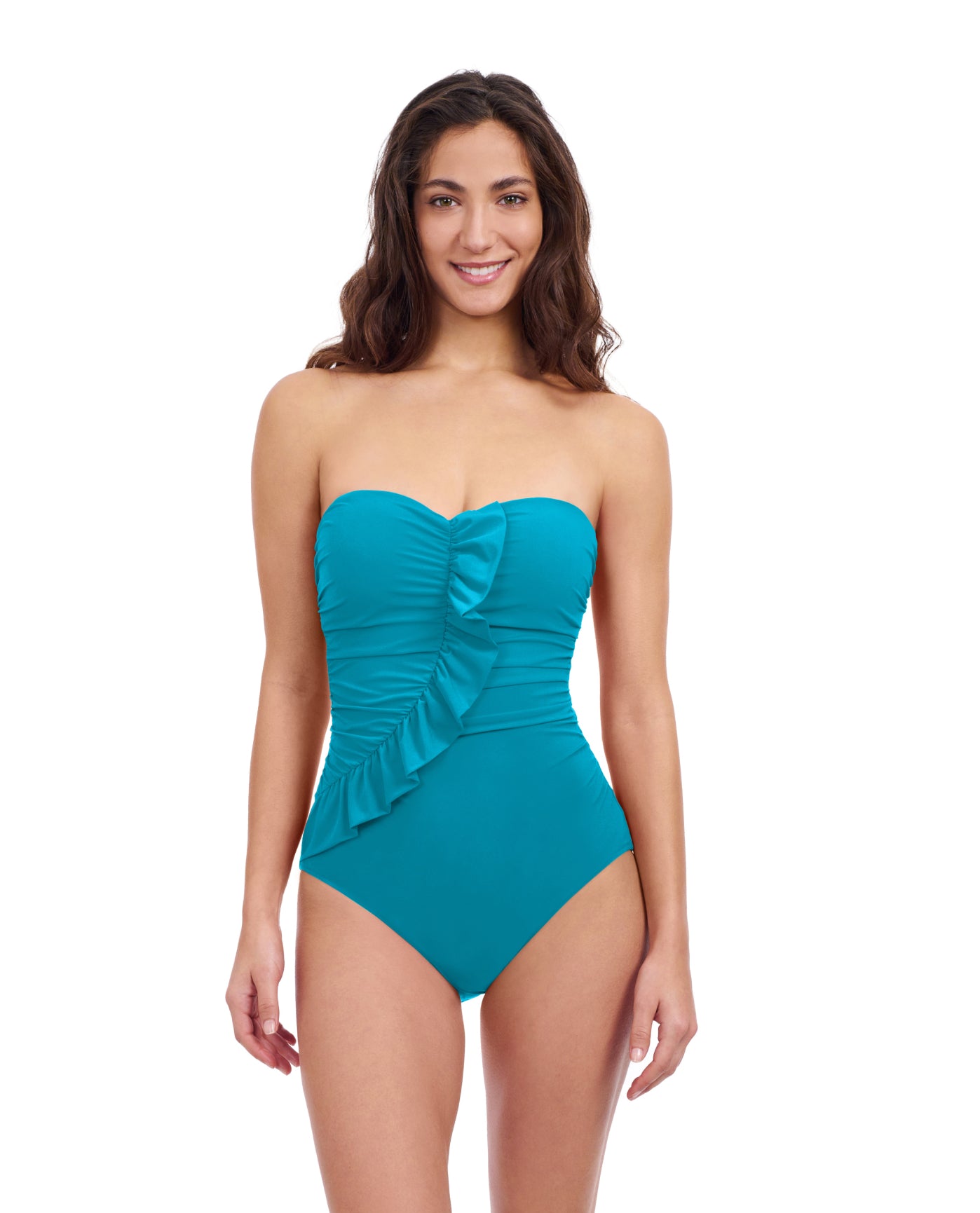 Front View Of Profile By Gottex Tutti Frutti Bandeau Ruffle One Piece Swimsuit | Profile Tutti Frutti Jade