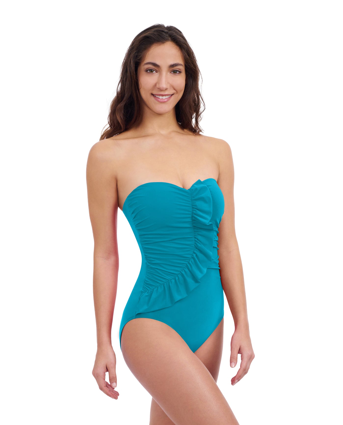 Side View Of Profile By Gottex Tutti Frutti Bandeau Ruffle One Piece Swimsuit | Profile Tutti Frutti Jade