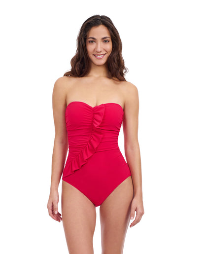 Front View Of Profile By Gottex Tutti Frutti Bandeau Ruffle One Piece Swimsuit | Profile Tutti Frutti Rose Red