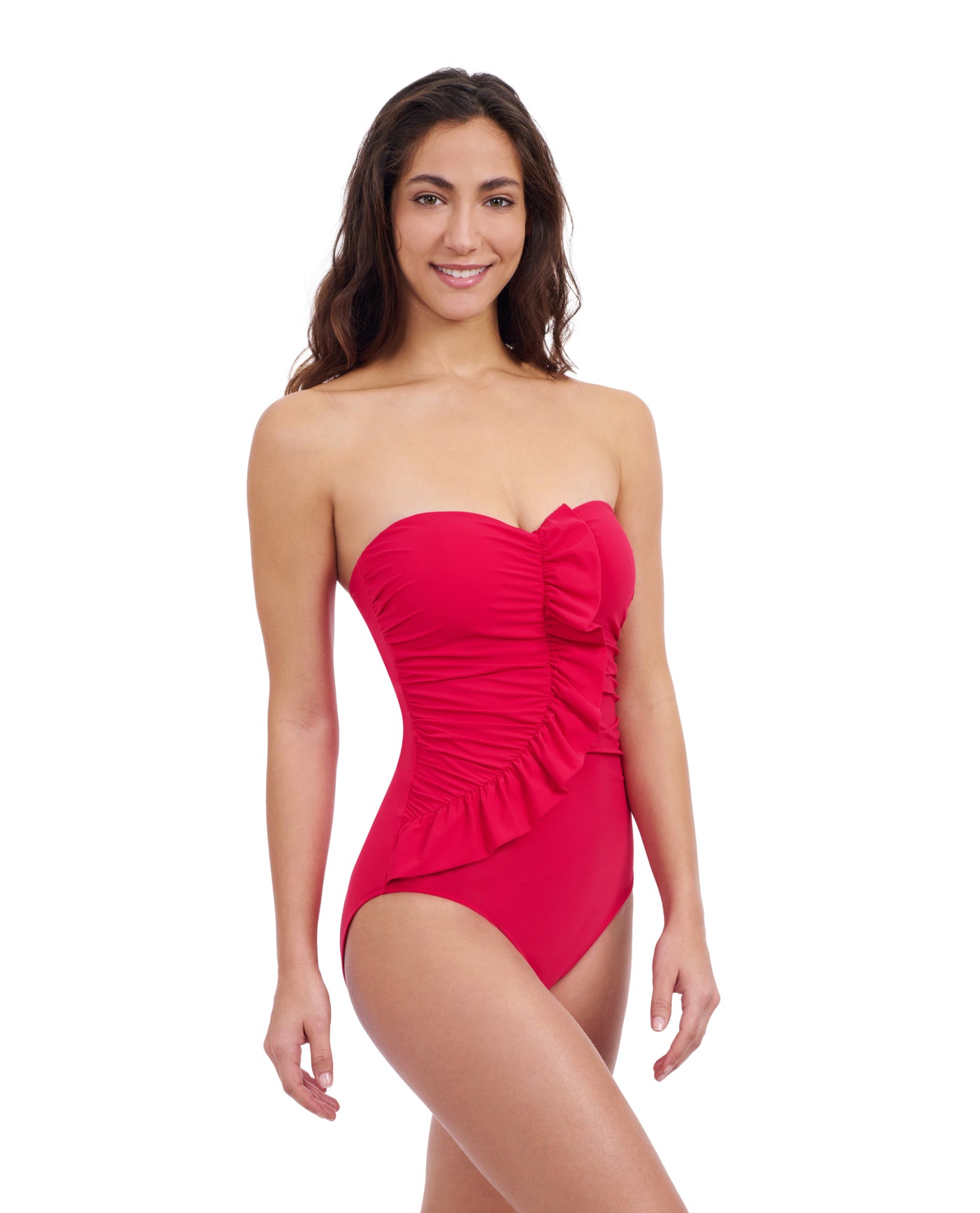 Side View Of Profile By Gottex Tutti Frutti Bandeau Ruffle One Piece Swimsuit | Profile Tutti Frutti Rose Red