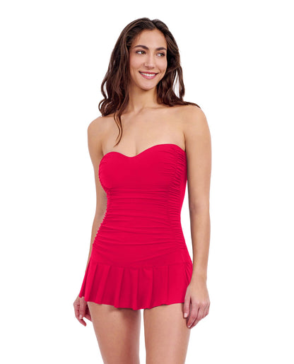 Front View of Profile By Gottex Tutti Frutti Sweetheart Bandeau Swimdress | PROFILE TUTTI FRUTTI ROSE RED