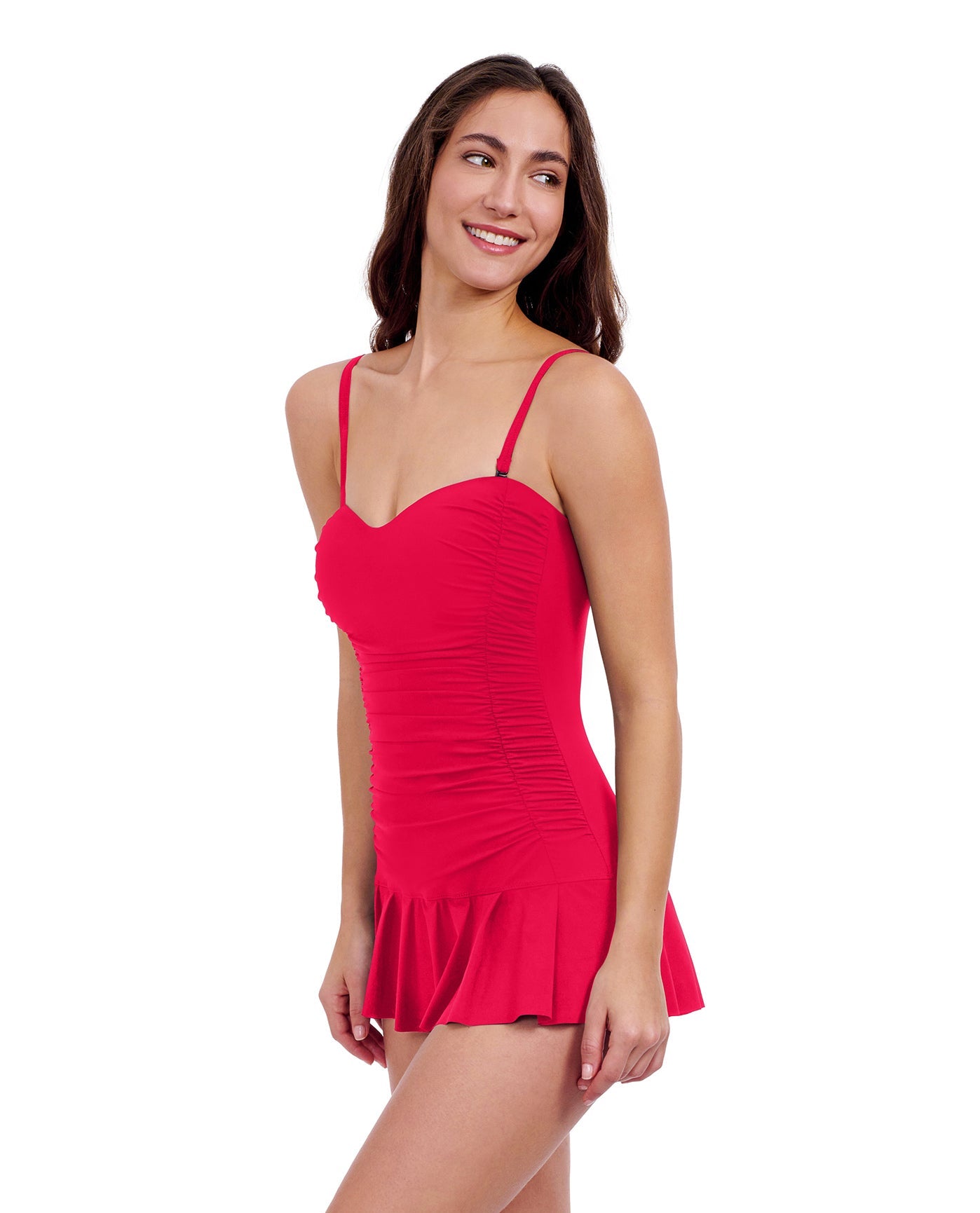 Side View of Profile By Gottex Tutti Frutti Sweetheart Bandeau Swimdress | PROFILE TUTTI FRUTTI ROSE RED