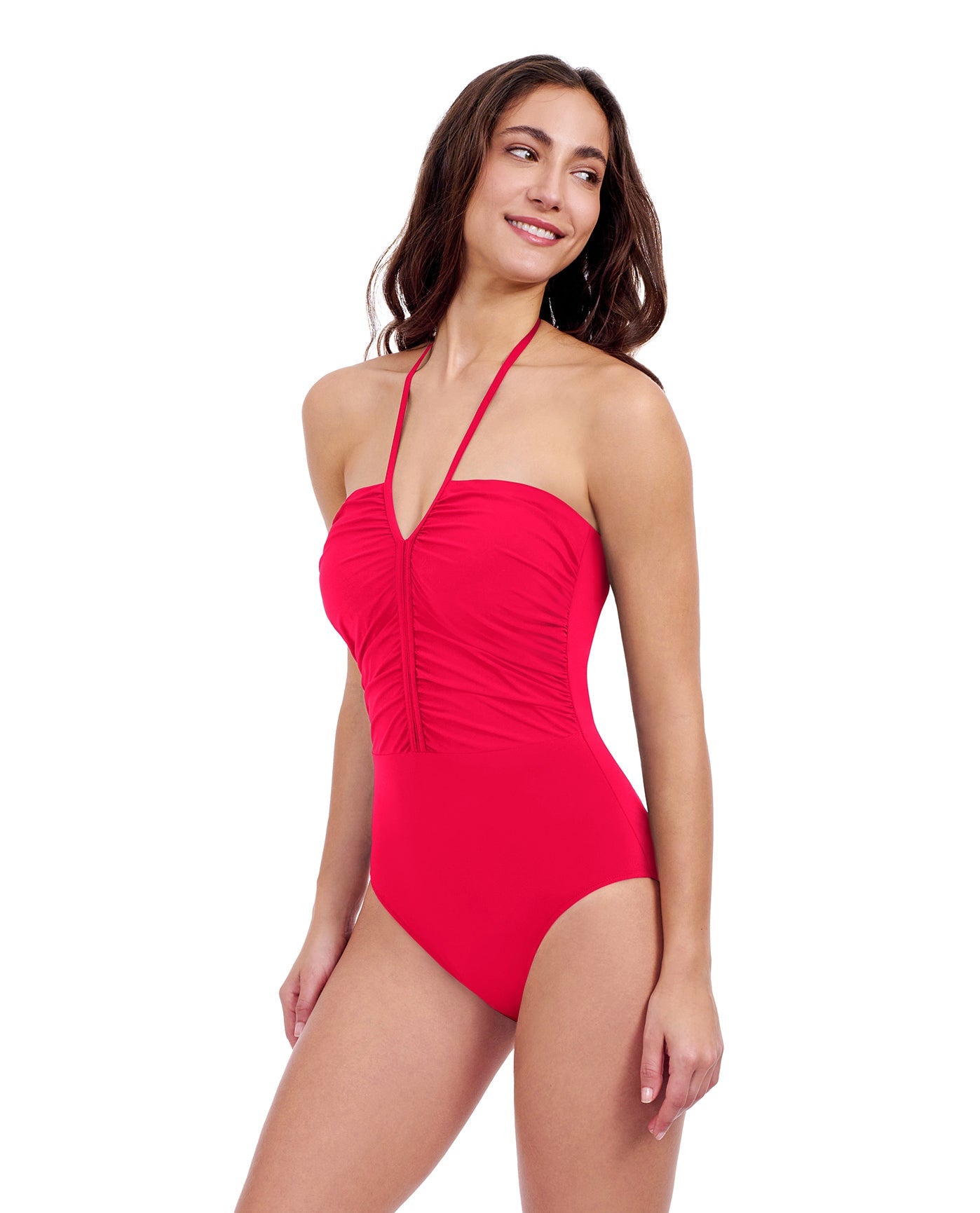 Side View of Profile By Gottex Tutti Frutti Bandeau One Piece Swimsuit | PROFILE TUTTI FRUTTI ROSE RED