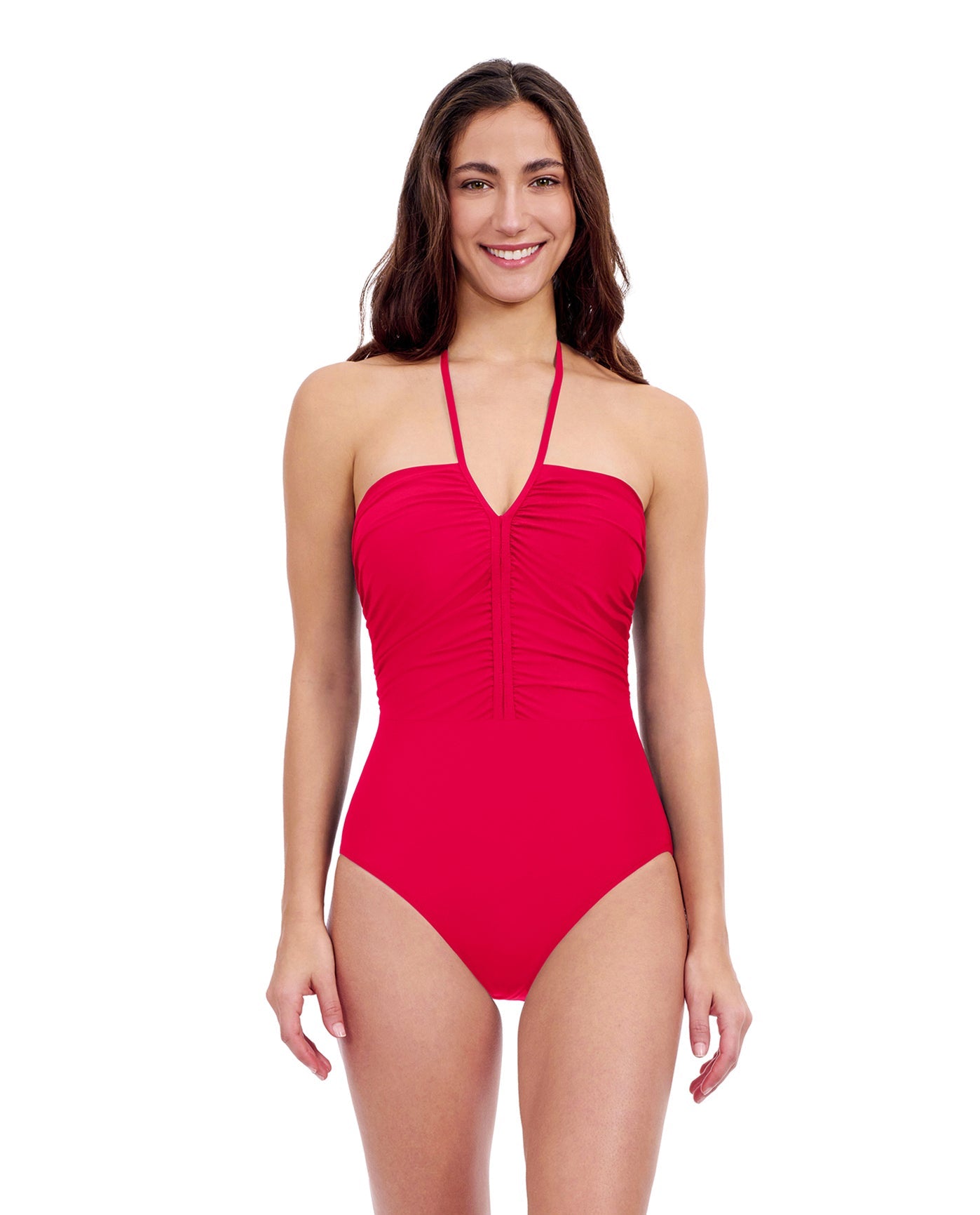 Front View of Profile By Gottex Tutti Frutti Bandeau One Piece Swimsuit | PROFILE TUTTI FRUTTI ROSE RED