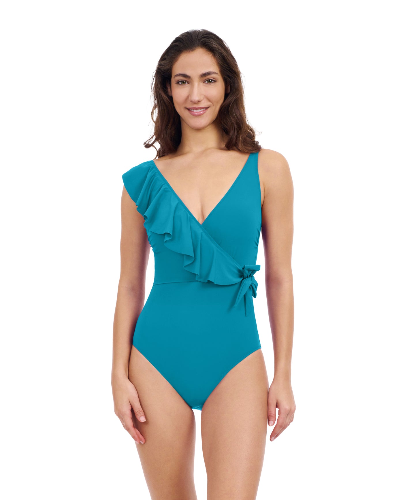 Front View Of Profile By Gottex Tutti Frutti V-Neck Surplice Ruffle One Piece Swimsuit | Profile Tutti Frutti Jade