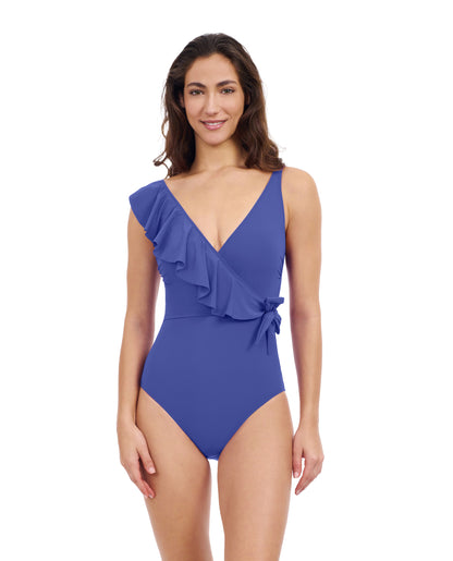 Front View Of Profile By Gottex Tutti Frutti V-Neck Surplice Ruffle One Piece Swimsuit | Profile Tutti Frutti Royal