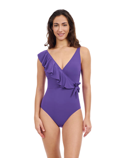 Front View Of Profile By Gottex Tutti Frutti V-Neck Surplice Ruffle One Piece Swimsuit | Profile Tutti Frutti Violet