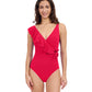 Front View Of Profile By Gottex Tutti Frutti V-Neck Surplice Ruffle One Piece Swimsuit | Profile Tutti Frutti Rose Red